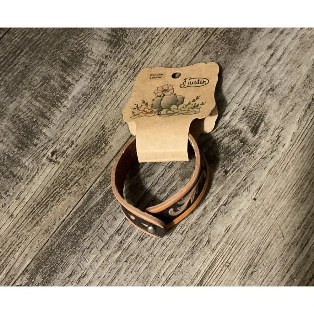 Justin Genuine Leather Brown Tooled Western Style Bracelet Unisex